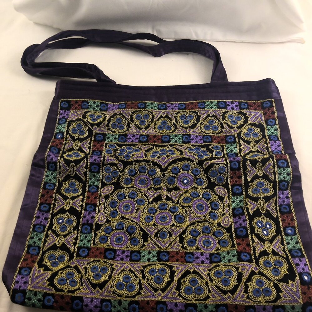 Small Purple, gold,  and multi, Embroidered Mirrored Tote Bag